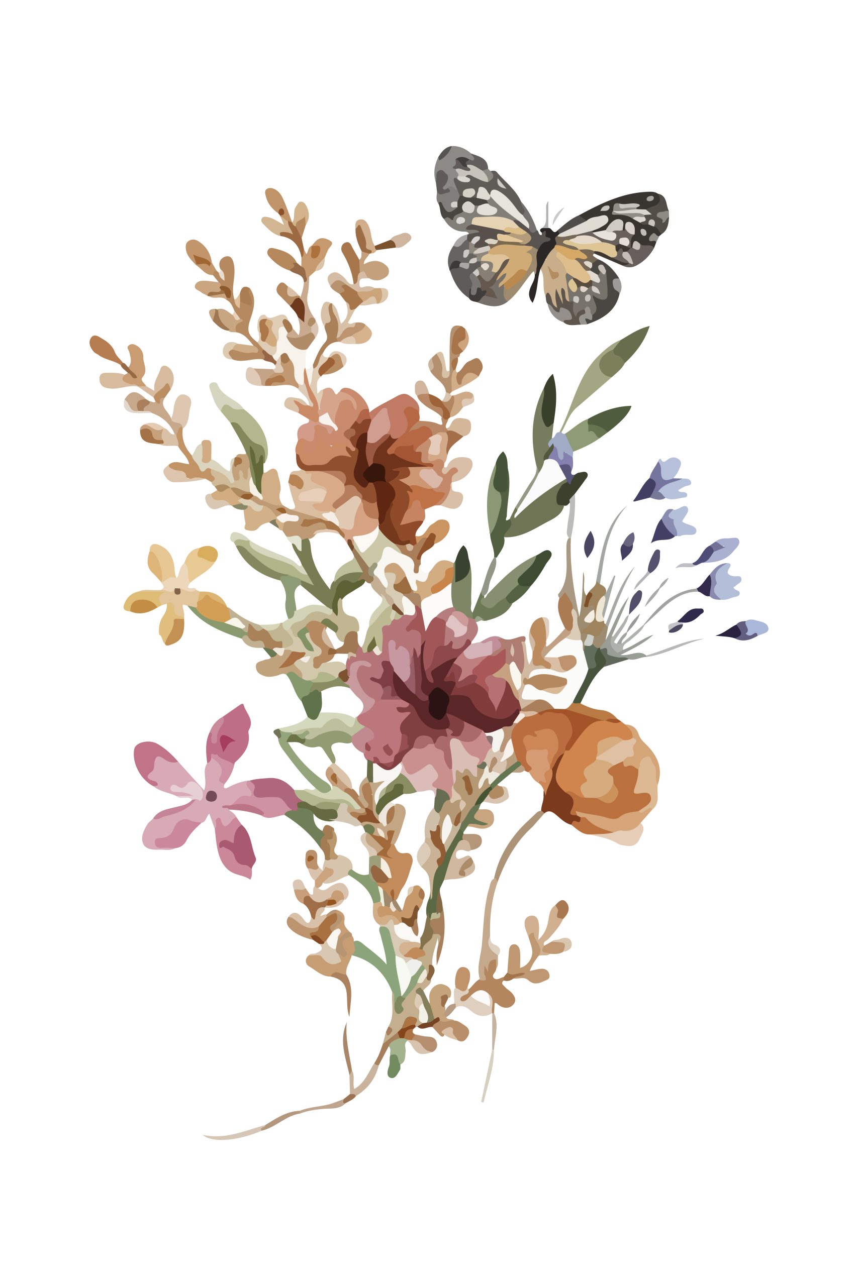 Enchanting Boho Floral Botanical Art Print with Butterfly - Digital Download