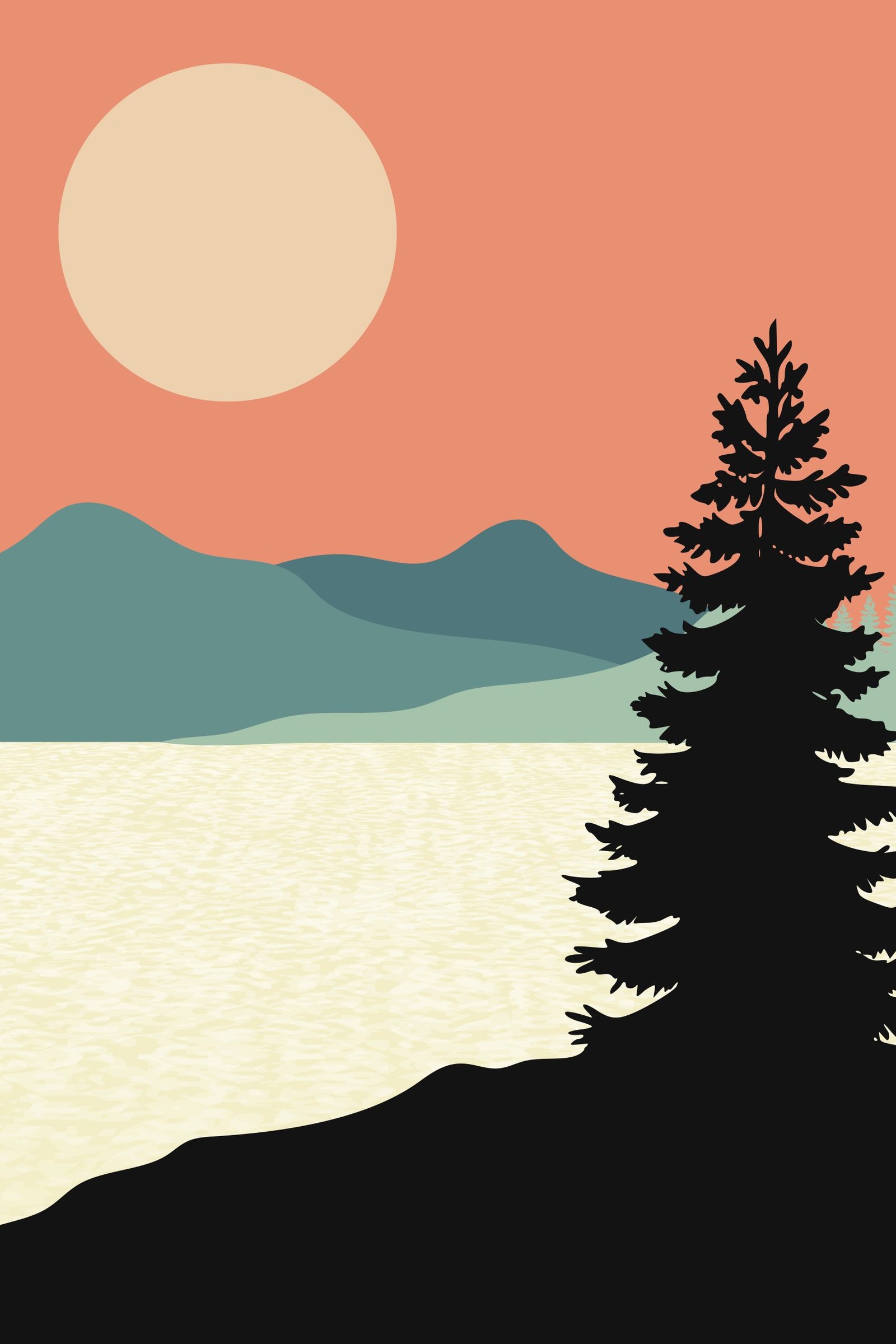 Mountain Sunset Solitude Digital Print with Tree - Peaceful Nature Wall Art