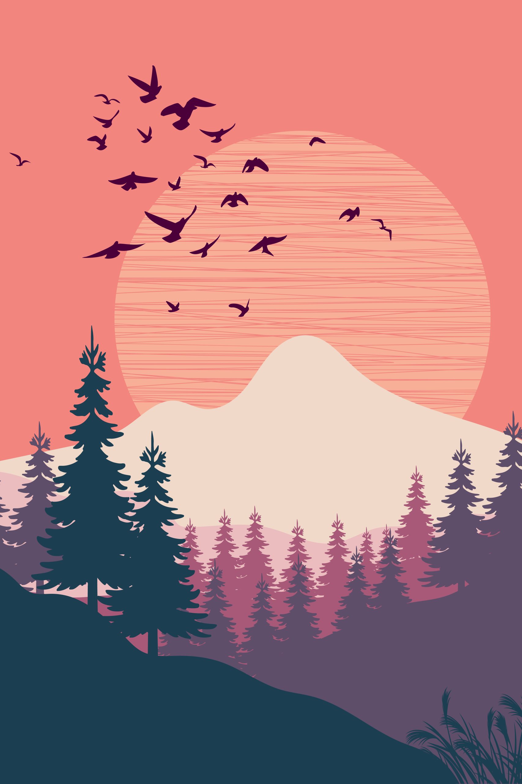 Crescent Moon Over Forested Mountains Boho Digital Print - Tranquil Nature Wall Art