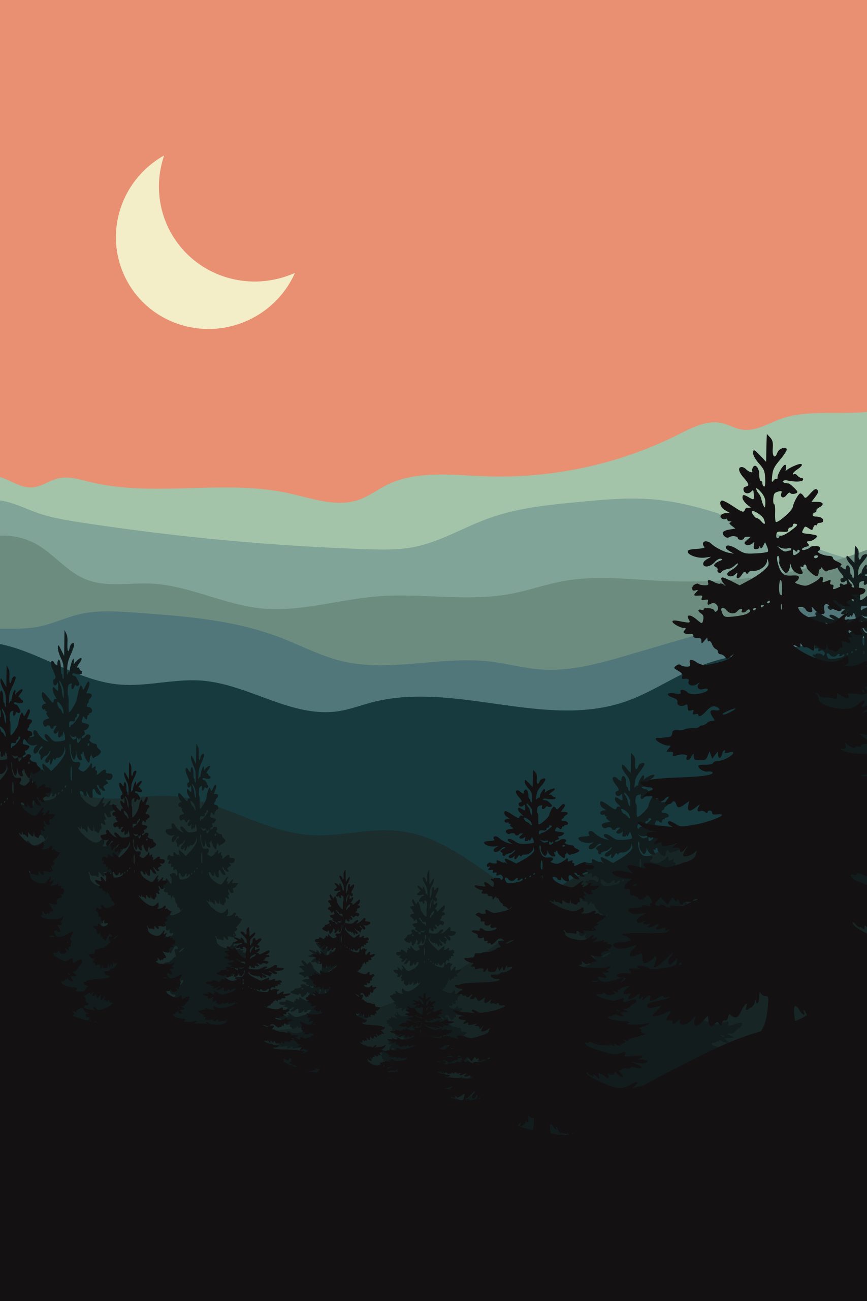Crescent Moon Over Forested Mountains Boho Digital Print - Tranquil Nature Wall Art