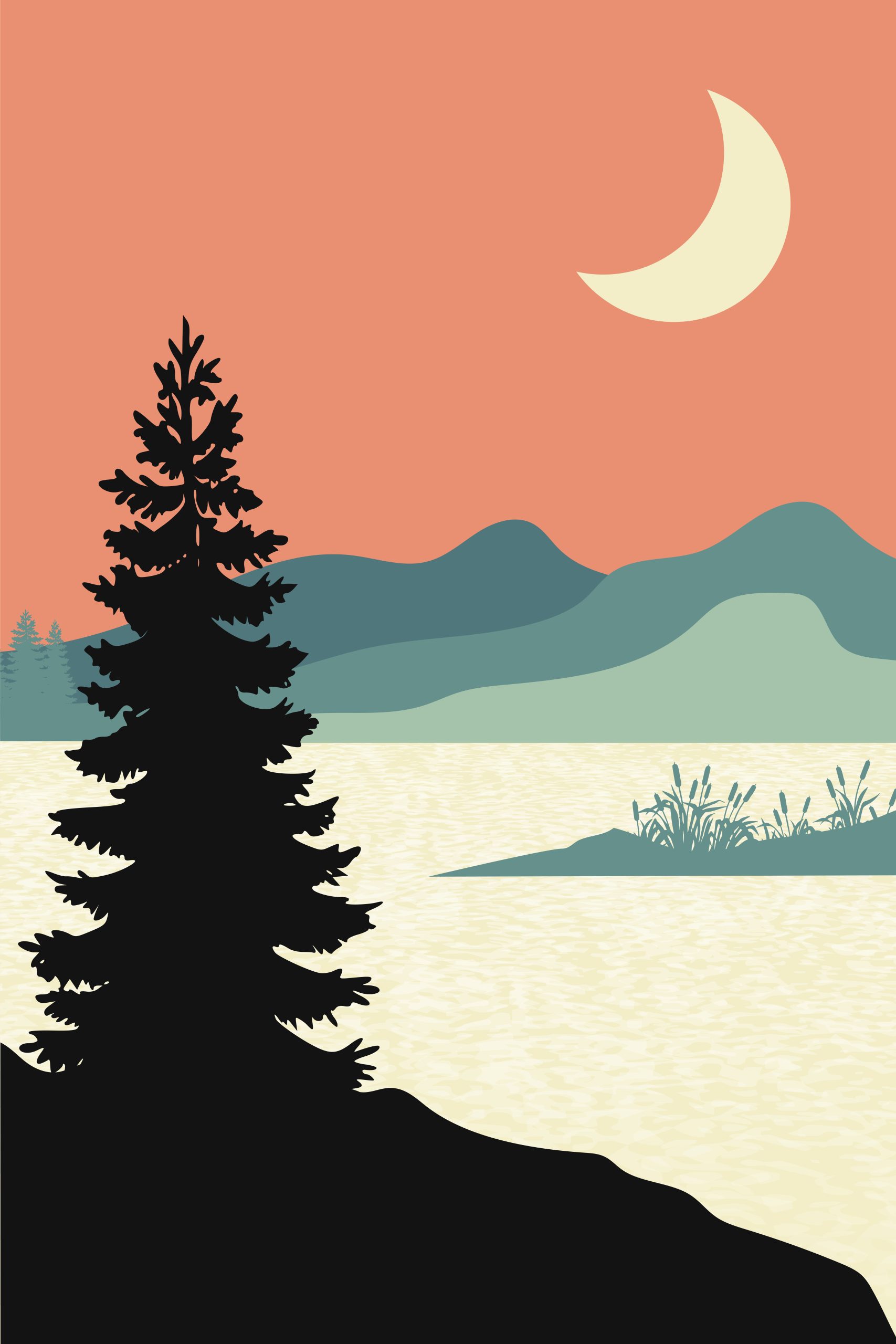 Crescent Moon Over Mountain Boho Digital Print - Serene Nature Wall Art