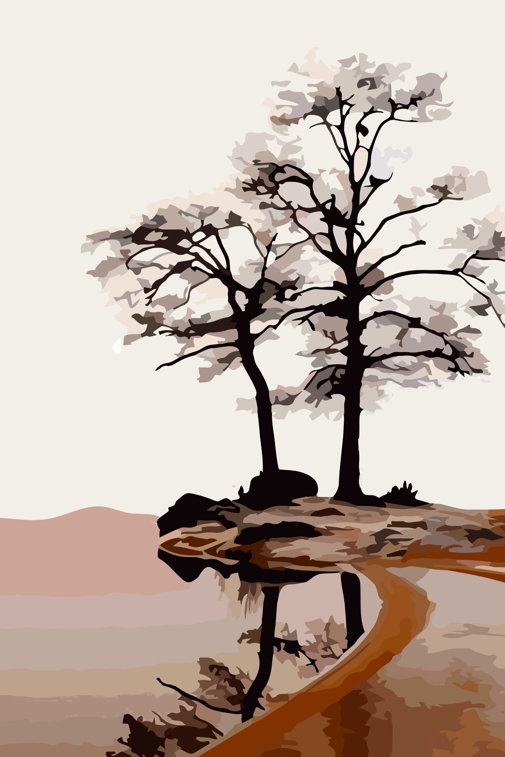 Twin Trees on Cliff Boho Digital Print - Minimalist Nature Wall Art